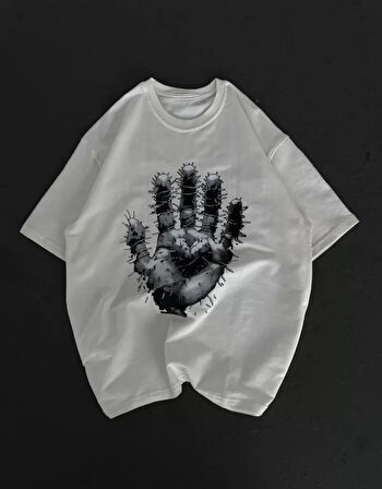 Unisex Bisiklet Yaka Baskılı Oversize Thirt  Beyaz