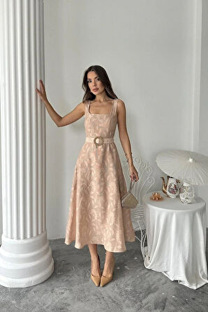 Bej Kuplu Uzun Elbise