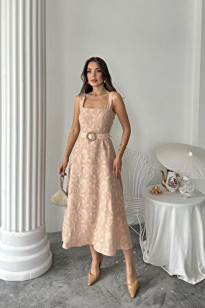 Bej Kuplu Uzun Elbise