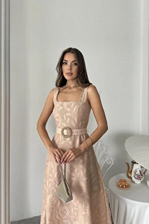 Bej Kuplu Uzun Elbise