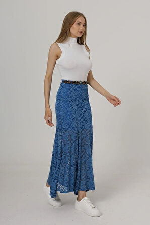 Bel Lastikli Dantel Etek  Mavi
