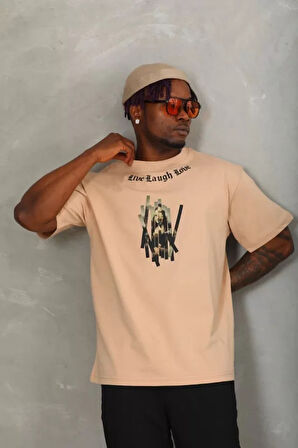 Unisex Oversize Baskılı Bisiklet Yaka Thirt  Bej