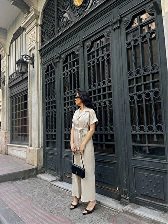 KETEN TULU BEL BAĞLAA DETAYLI  Krem