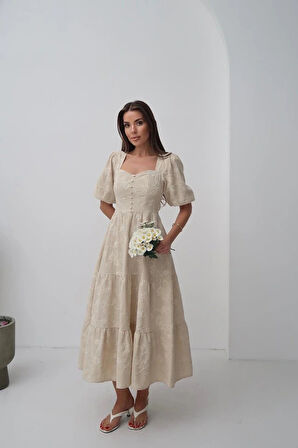 Bej üs Düğmeli Balon Kollu Elbise