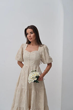 Bej üs Düğmeli Balon Kollu Elbise