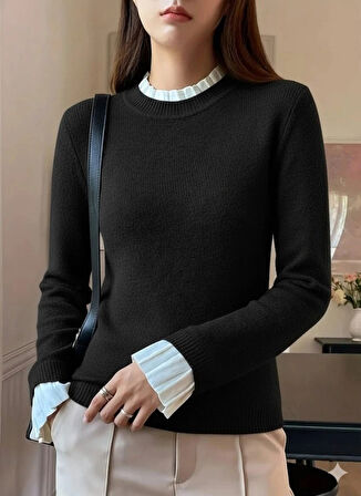 Kadın Uzun Kollu Fırfırlı Yakalı Triko Bluz