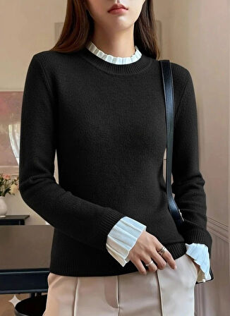 Kadın Uzun Kollu Fırfırlı Yakalı Triko Bluz