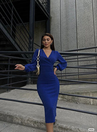 Kadın Kruvaze Yaka Balon Kol imli Krep Kumaş idi Boy Elbise