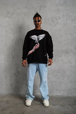 Erkek Güvercin Baskılı weatshirt  iyah