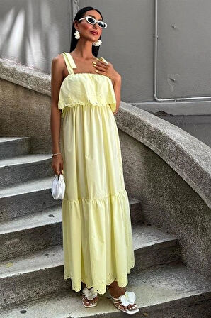 Etek Ucu Brode Nakışlı Boyundan Bağlamalı Elbise 2881