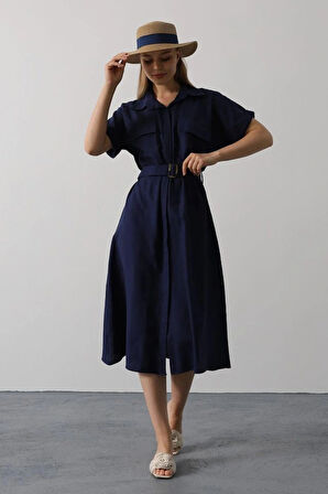 Kuşaklı Cep Detaylı Yarım Kol Elbise  acivert