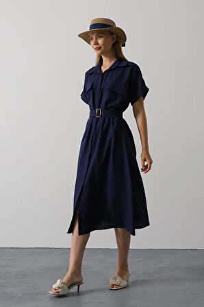 Kuşaklı Cep Detaylı Yarım Kol Elbise  acivert