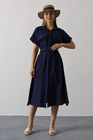 Kuşaklı Cep Detaylı Yarım Kol Elbise  acivert