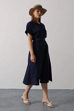 Kuşaklı Cep Detaylı Yarım Kol Elbise  acivert