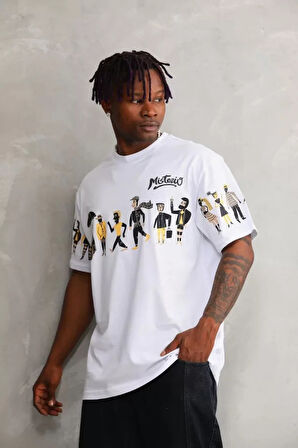 Unisex Bisiklet Yaka Baskılı Oversize Thirt  Beyaz