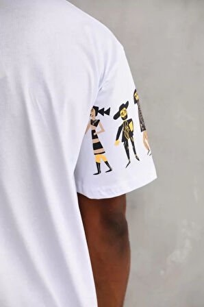 Unisex Bisiklet Yaka Baskılı Oversize Thirt  Beyaz