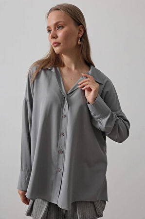 Geniş Manşet Detaylı Gömlek  Gri