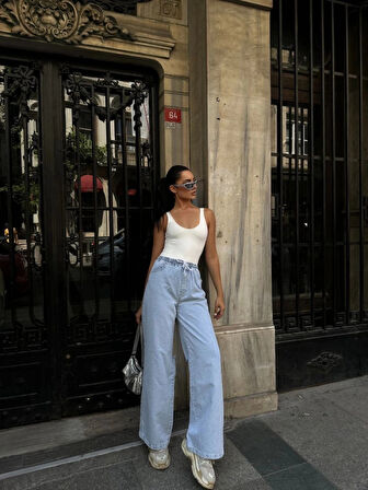 Arkadan Yırtmaçlı Jeans Kot Palazzo Pantolon  avi