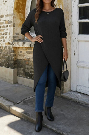 Kadın Uzun Kollu Bisiklet Yakalı önden çapraz Kesim Detaylı Midi Triko Elbise