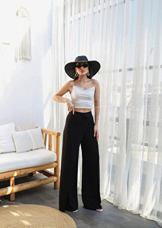 Keten Önü Çapraz Parçali Lasti̇kli̇ Ve Bağcikli Geni̇ş Paça Pantolon