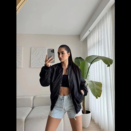 Unisex İçi Astarlı Düz Bomber Ceket  iyah