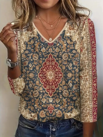 Kadın Truvakarkollu V Yakalı Etnik Desenli Süprem Bluz