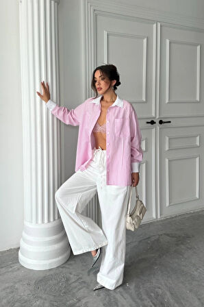 YAKA VE ANŞET BEYAZBOYFRİEND ÇİZGİİPOPİN GÖEK  Pembe