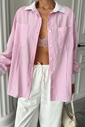 YAKA VE ANŞET BEYAZBOYFRİEND ÇİZGİİPOPİN GÖEK  Pembe