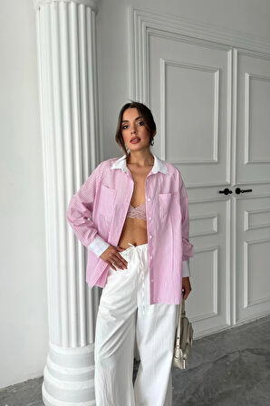 YAKA VE ANŞET BEYAZBOYFRİEND ÇİZGİİPOPİN GÖEK  Pembe