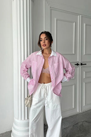 YAKA VE ANŞET BEYAZBOYFRİEND ÇİZGİİPOPİN GÖEK  Pembe