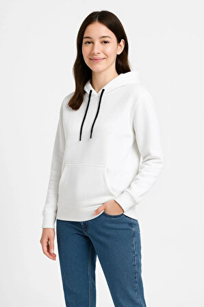 Üç İplik Kapüşonlu Kanguru Çepli weathirt Hoodie  Beyaz