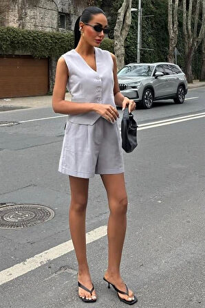 Yelek Şort Flamlı Keten Takım 1013317