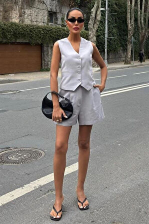 Yelek Şort Flamlı Keten Takım 1013317