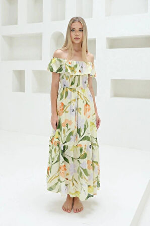 adonna Yaka Elbise  Yeşil  Ekru