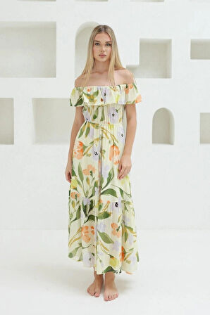 adonna Yaka Elbise  Yeşil  Ekru