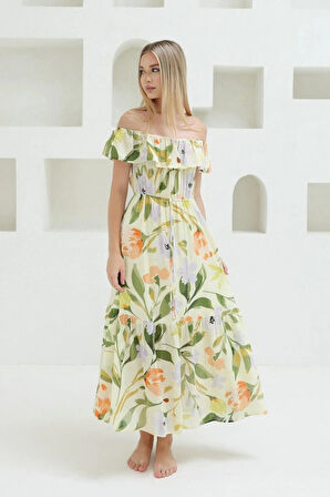 adonna Yaka Elbise  Yeşil  Ekru