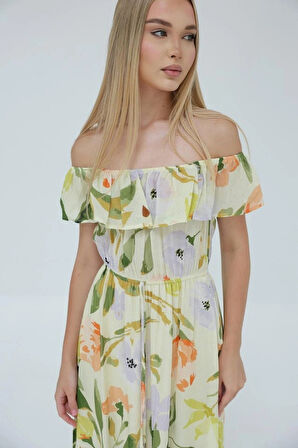 adonna Yaka Elbise  Yeşil  Ekru