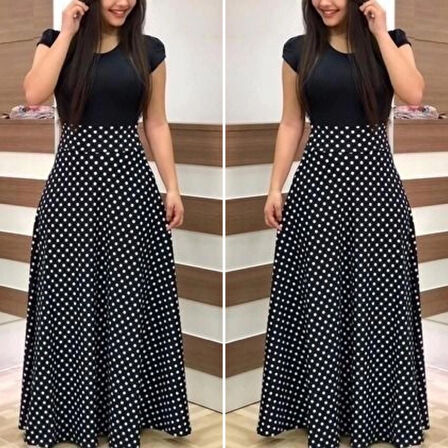 Kadın Kısa Kollu Puan Desen Tam Boy Krep Elbise