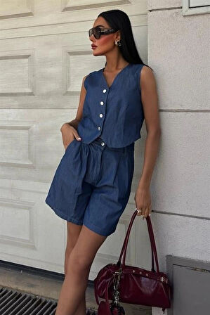 Gümüş Düğmeli Yelek Ve Şort Tensel Takım 10174