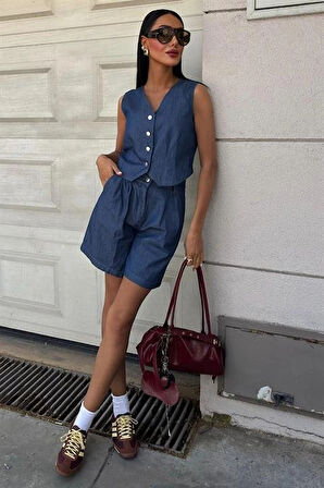 Gümüş Düğmeli Yelek Ve Şort Tensel Takım 10174