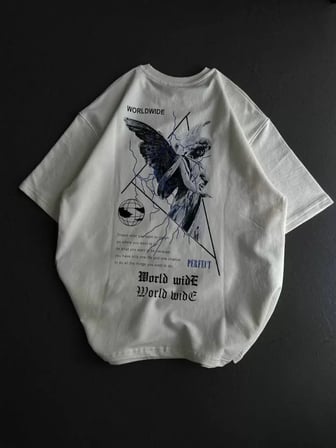 Unisex Bisiklet Yaka Baskılı Oversize Thirt  Beyaz