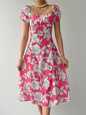 Kare Yaka Çiçekli Elbise