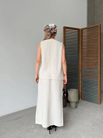 Keten Kolsuz Hırka Etek Ikili Takım Beyaz