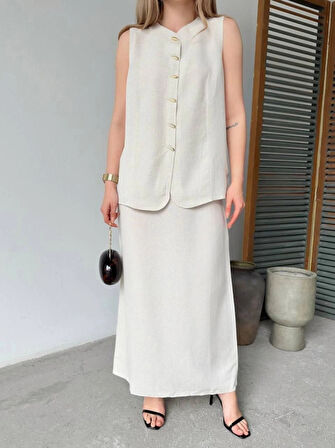 Keten Kolsuz Hırka Etek Ikili Takım Beyaz