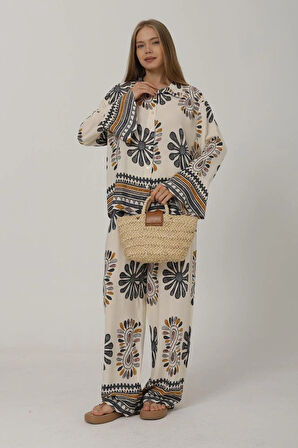 Desenli Kolları Volanlı Pantolon Takım  Antrasit