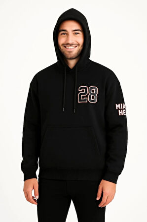 Üç İplik Kapüşonlu Ön Ve Arka Baskılı weathirt Hoodie  iyah