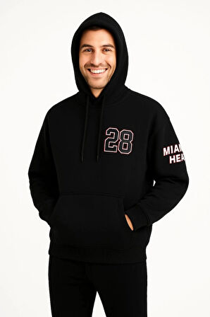 Üç İplik Kapüşonlu Ön Ve Arka Baskılı weathirt Hoodie  iyah