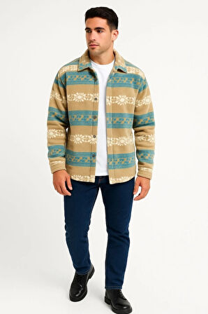 Erkek Desenli Polar Gömlek – Etnik Şerit Desen Yakalı, Uzun Kollu, Düğmeli, Oversize Rahat Kalıp  arı