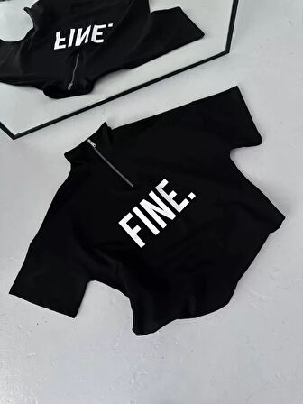 Unisex Baskılı Yarım Fermuarlı Thirt  iyah