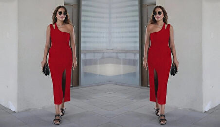 Kadın Kolsuz Tek Omuz Damla Detay JanJan Krep Elbise